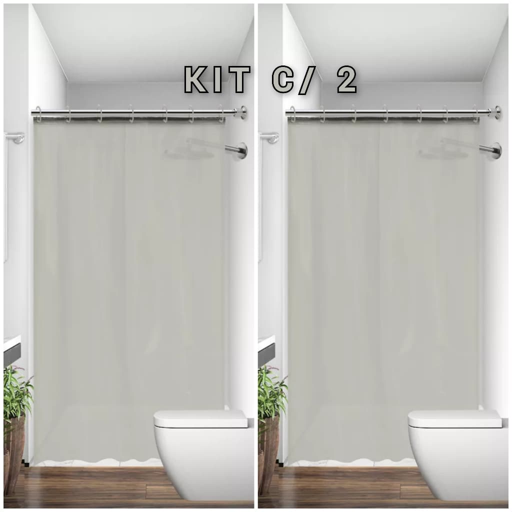KIT 2 Cortina para Box de Banheiro Tecido Poliéster Bege Lavável com Ganchos 1,38m x 1,98m Antimofo