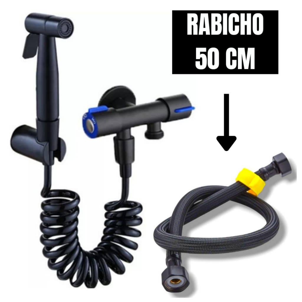 Kit Ducha Higiênica PRETA FOSCA Luxuosa + Rabicho 50 Cm Vaso Sanitário Banheiro Íntimo