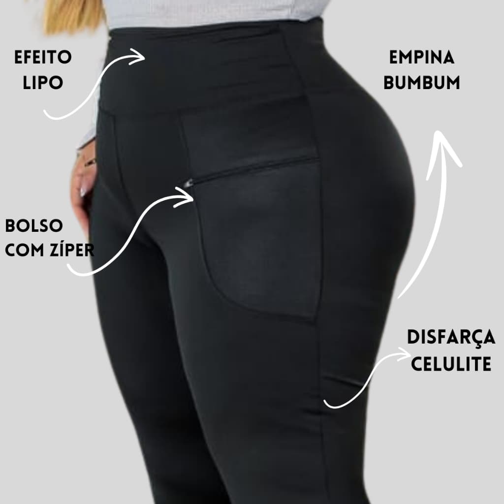 Calça Feminina Legging Montaria M ao G4 Cós Alto Fitness Com Bolso e Zipper Leg Suplex Grosso