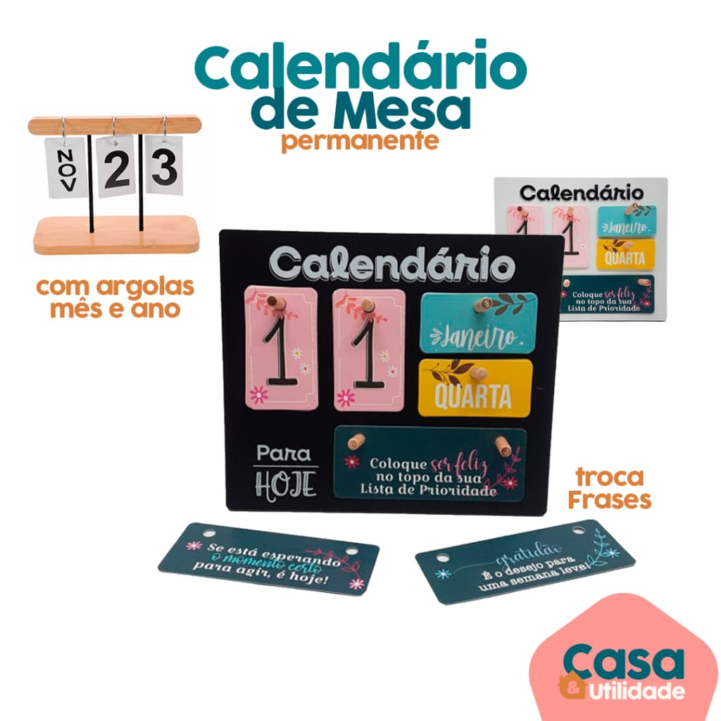 Calendário Mesa Permanente Madeira Home Office Decoração Troca Frases