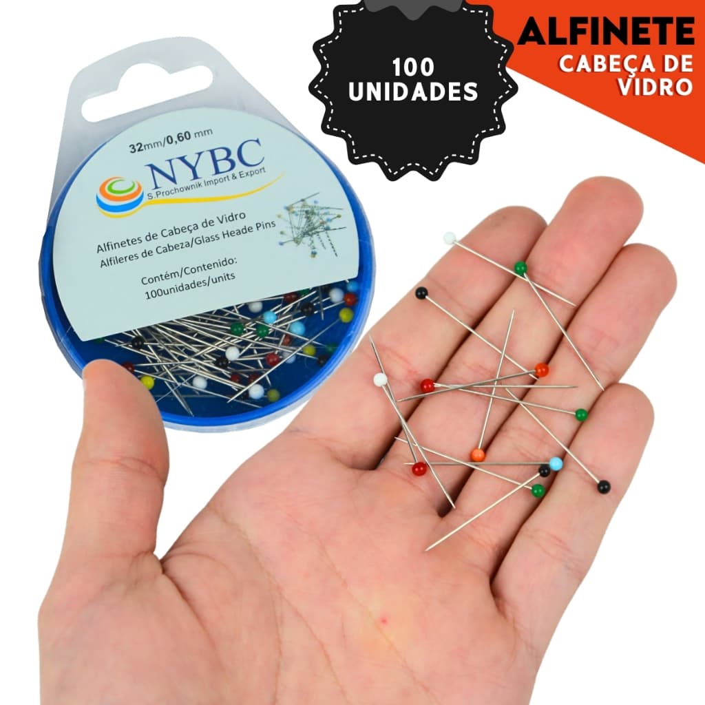 Alfinete Cabeça de Vidro - Com 100 Unidades - Nybc