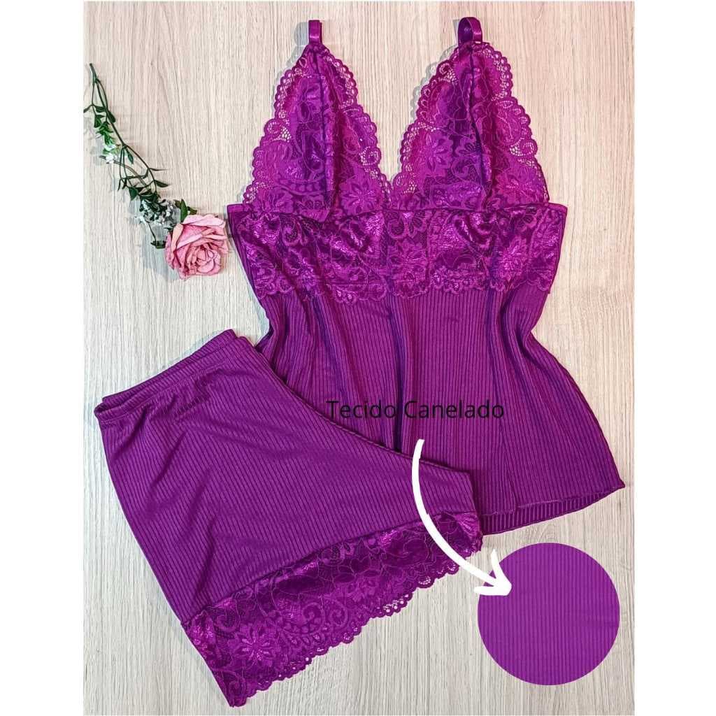 Baby Doll Canelado com Renda Conjunto Pijama Short Doll Lingerie Sem Bojo Com Forro - 544