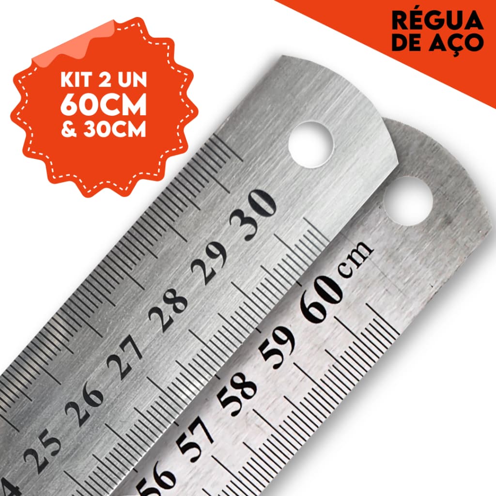 KIT Régua De Metal - Aço Inox - 30Cm/ 60Cm