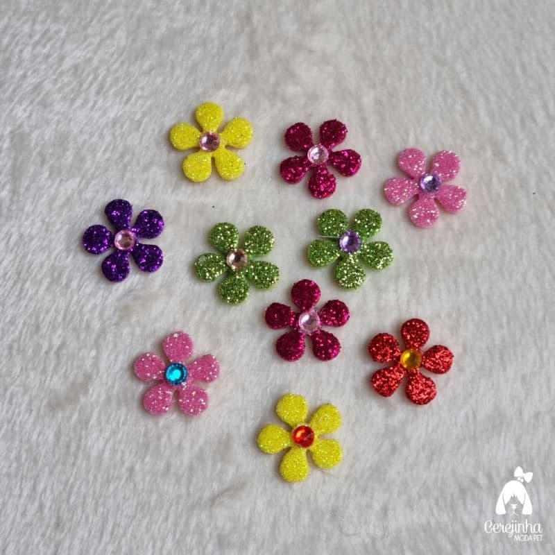 50 Adesivos Pet Flor EVA Com Strass Cores Sortidas