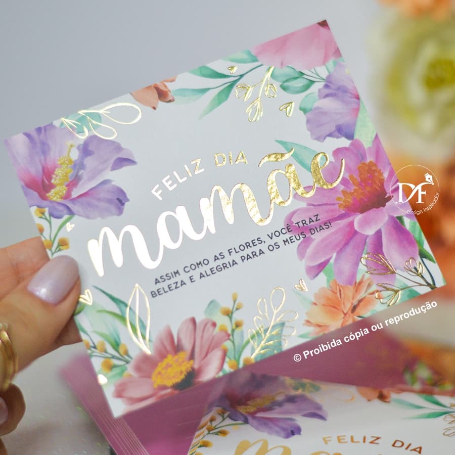 10, 25 Postais Dia das Mães | Flores - com Hotstamping - Cartões para presentes ou encomendas