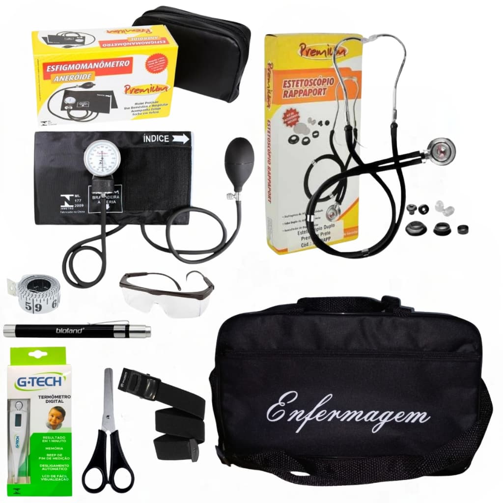 Kit De Enfermagem Preto Premium Com Esfigmo E Esteto Completo