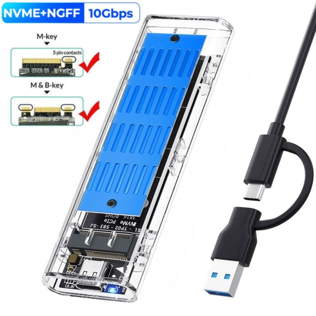 Case Externo Para SSD M2 Protocolo Duplo NVME/NGFF PCIe 10Gbps USB-C/USB 3.1 Gen2 M Key/B+M Key