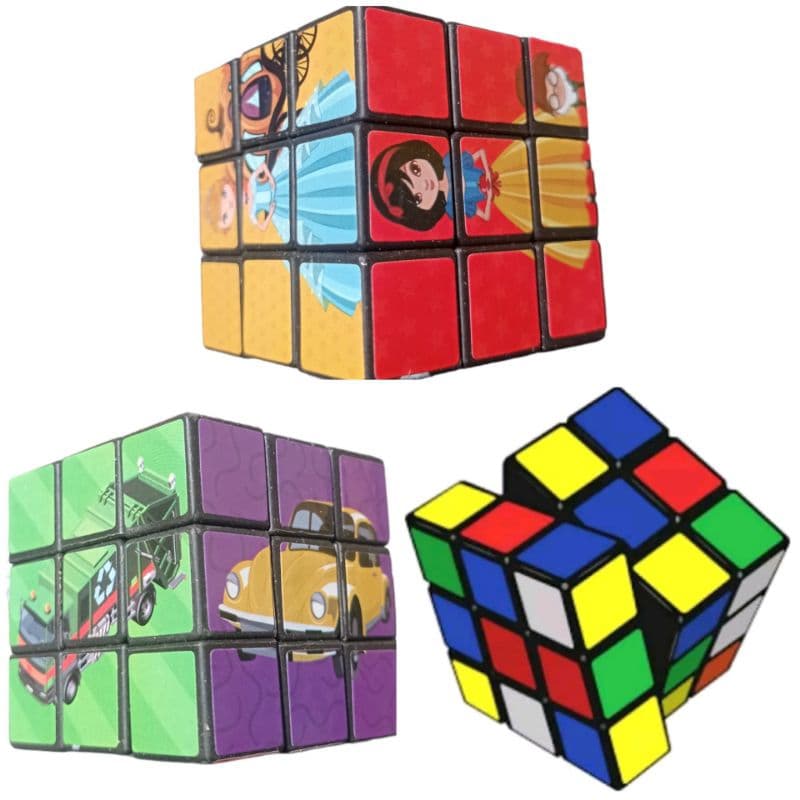 KIT 2  UNIDADE CUBO MAGICO 5 CM 3 VARIAÇOES TRADICIONAL, PRINCESAS E CARROS  PUZZLE BRINQUEDO