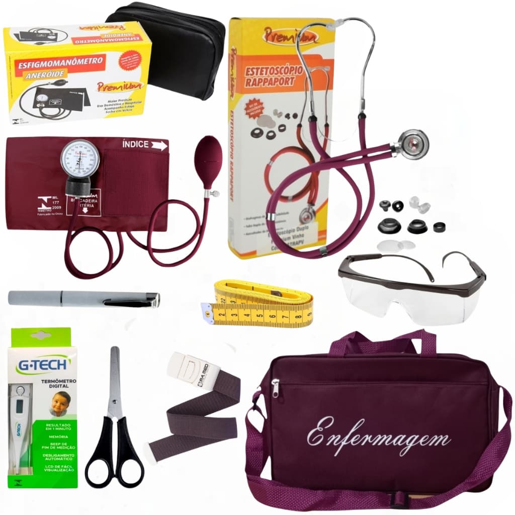 Kit De Enfermagem Vinho Premium Com Esfigmo E Esteto Completo