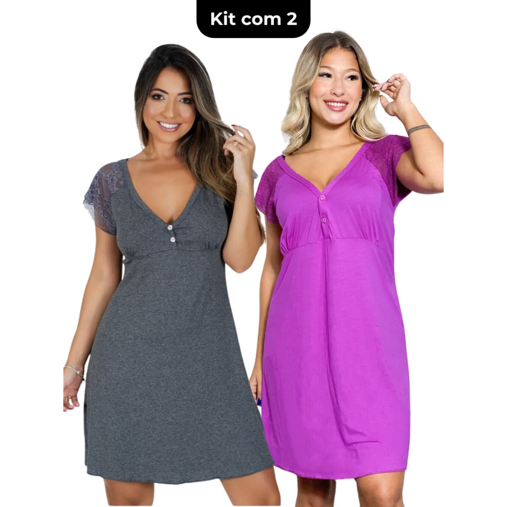 Kit 2 Camisolas Confortáveis em Viscose Detalhes Renda Camiseta Amamentação Maternidade Noite Dormir