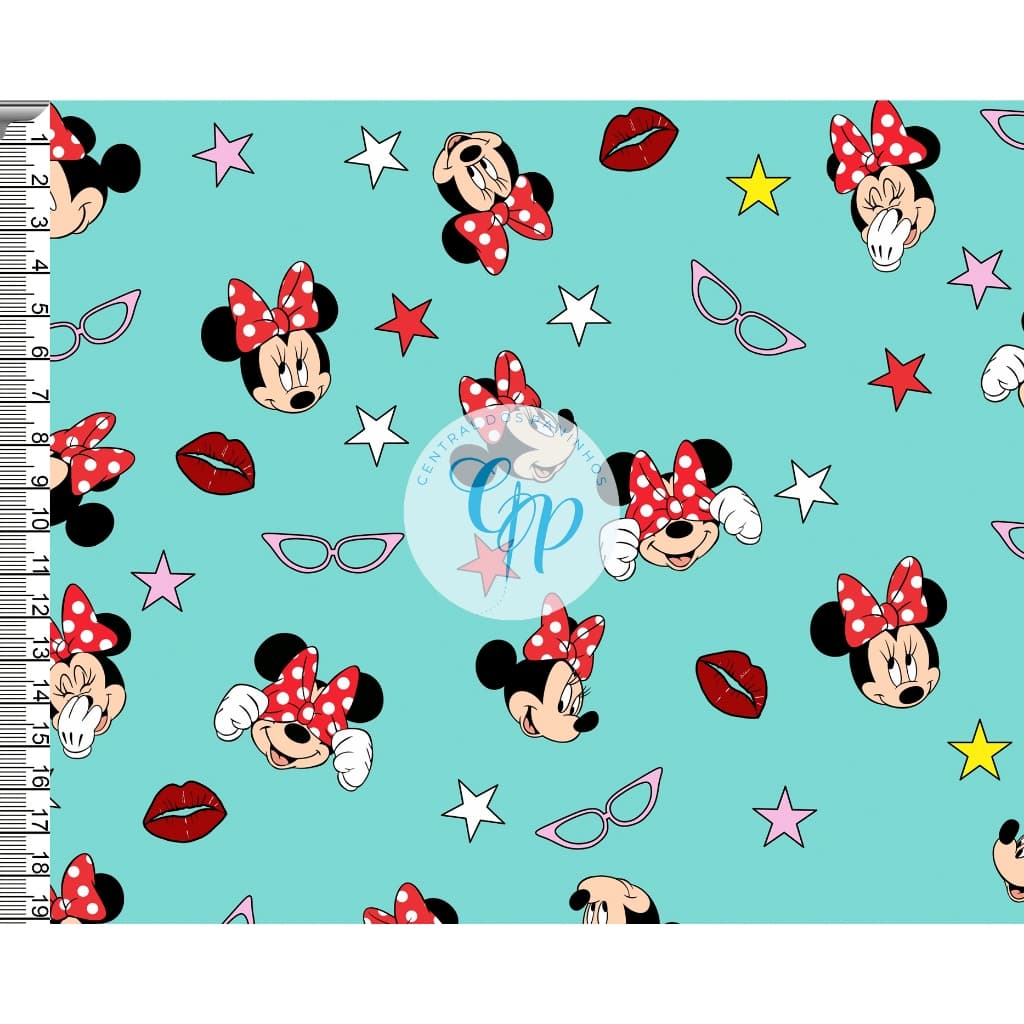 Sintético Doll Estampado - Minnie laços - Fundo tiffany -  0,50 x 1,38