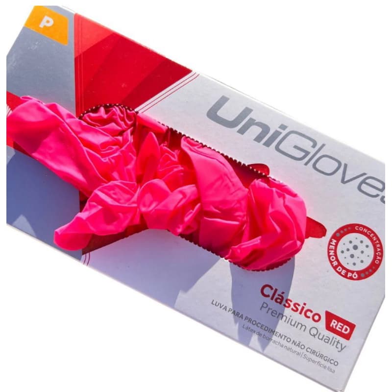 LUVA LÁTEX RED ROSA DESCARTÁVEL CEREJA ROSA UNIGLOVES -  CLASSIC RED  QUALIDADE PREMIUM CAIXA COM 100 UNIDADES