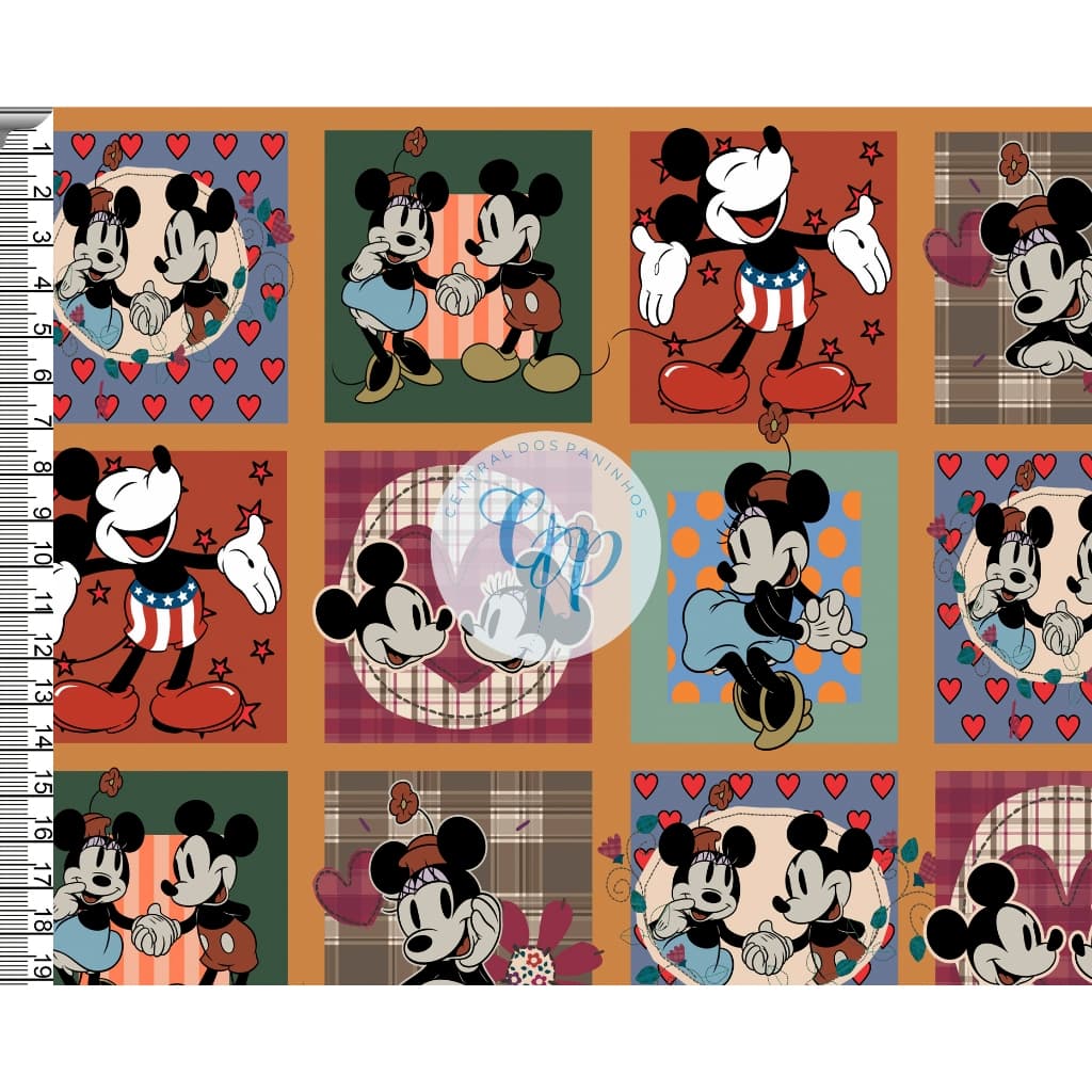 Sintético Doll Estampado - Mickey e Minnie - Vintage -  0,50 x 1,38