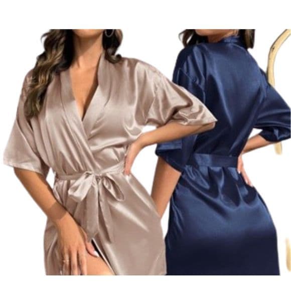Robe Cetim 3/4 Roupão Seda Para Noiva Madrinha Lisa Hobby Casamento Manga Lingerie