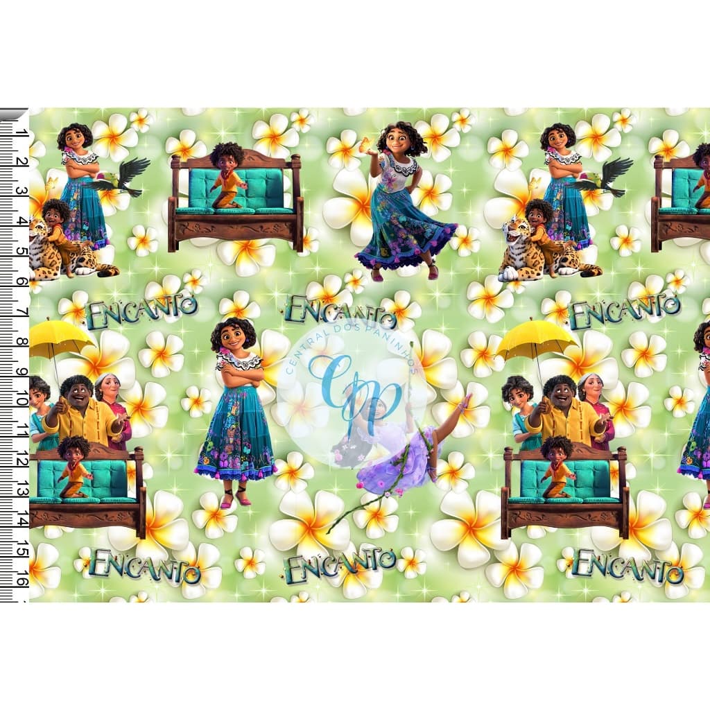 Sintético Doll Estampado - Encanto - Mirabel e sua turma - Fundo verde -  0,50 x 1,38