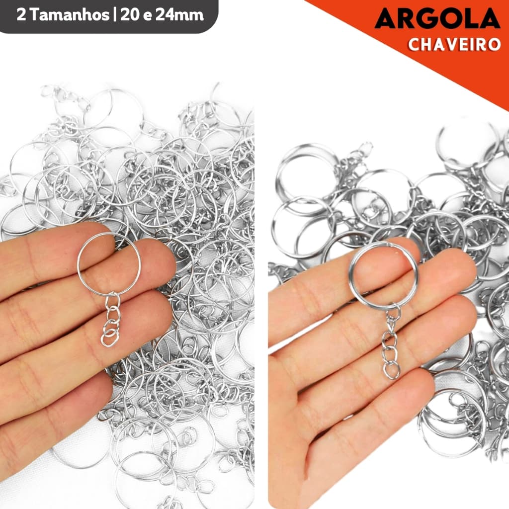 Argola Para Chaveiro Com Corrente - Tamanhos: 20mm / 24mm  - Pacote Com 50 / 100 Unidades - Nybc