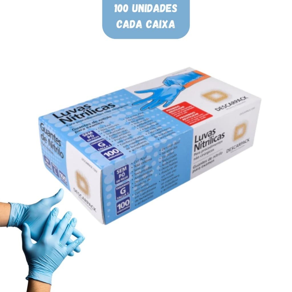 Luva Nitrilica Azul Sem Pó Com 100 Un Tamanho G