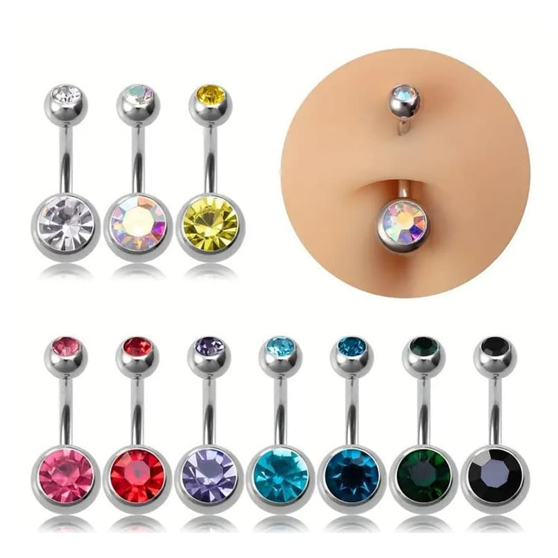 Kit 12-60 Unidades Piercing De Umbigo Colorido Aço Inox/Com 2 Strass