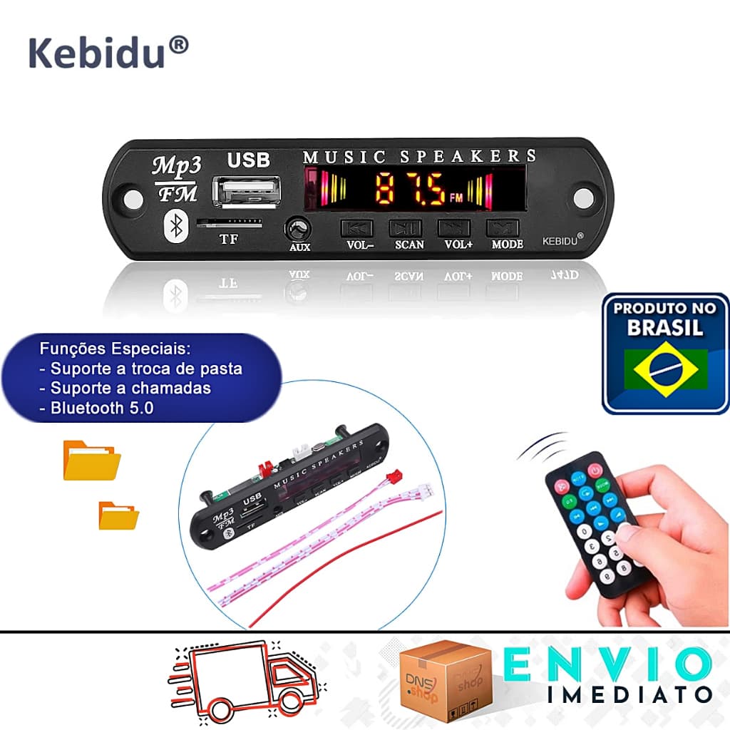 Placa Mp3 Decodificadora Kebidu Bluetooth 5.0 USB/Aux/Rádio C.Troca de Pasta