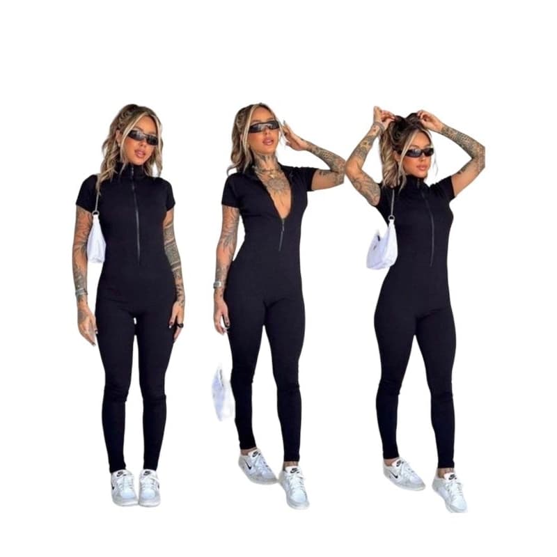 Macacão Longo Manga Curta Feminino Canelado 3D Premium gringa Festa