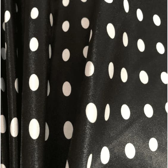 Tecido Cetim Estampado Bola Branca e Fundo Preto Atacado Varejo