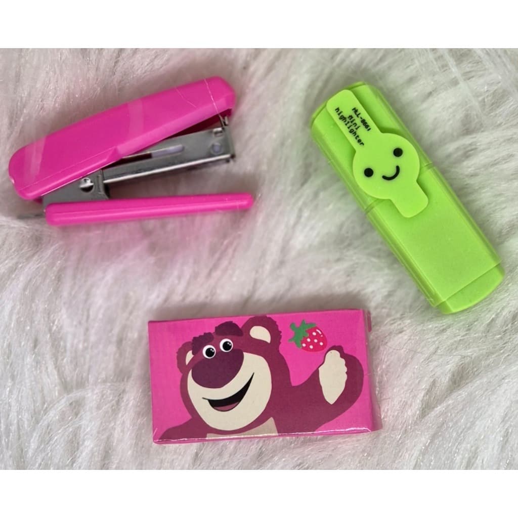 Kit mine grampeador, grampo e marca texto