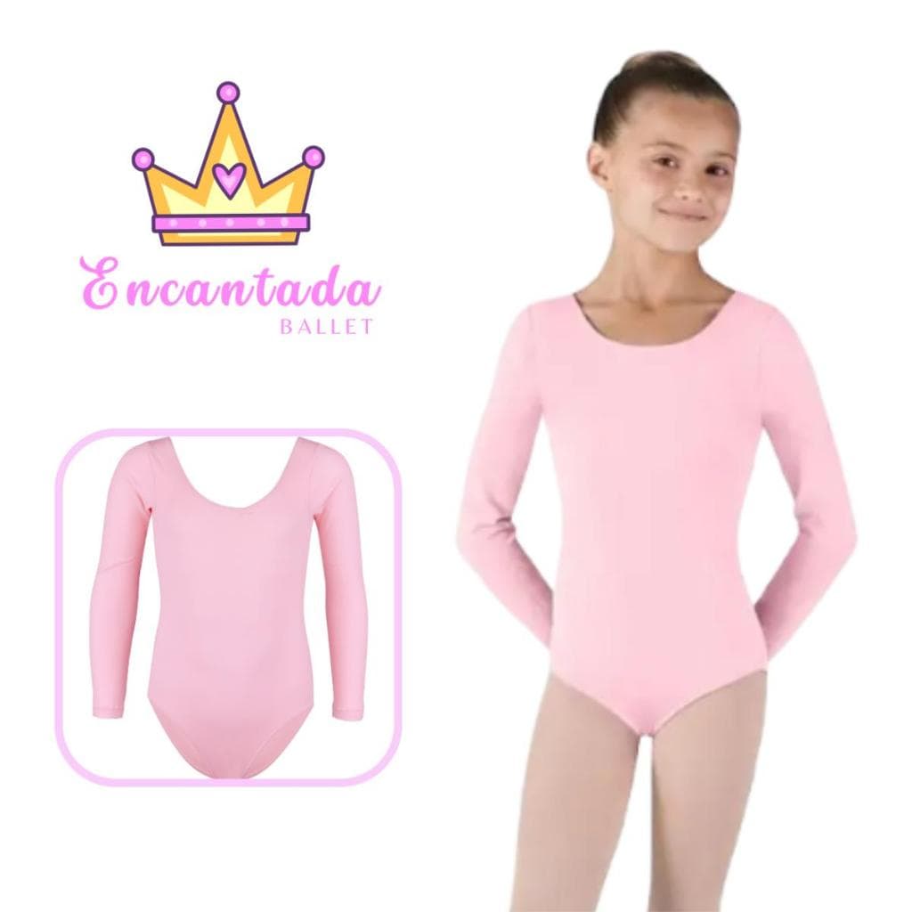 Collant Manga Longa ROSA Ballet balé dança Infantil / Juvenil - Tamanho 4 ao 14 (Envio Imediato)