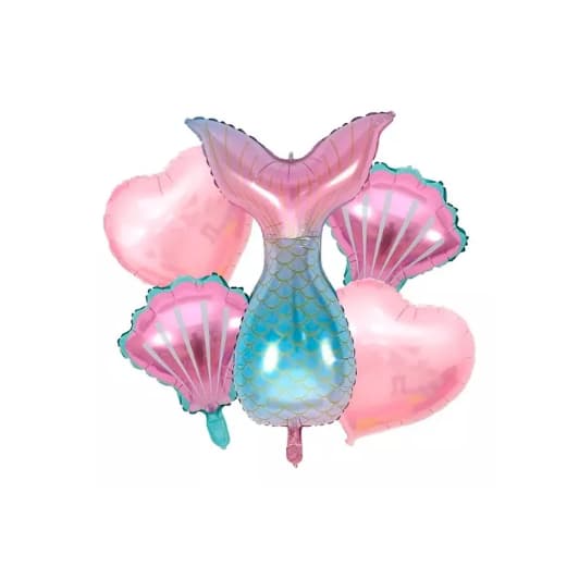 Kit c/ 5 Balão Metalizado Rabo Sereia Cauda + 2 Coração Rosa 45cm + 2 Concha 45cm Festa Decoração