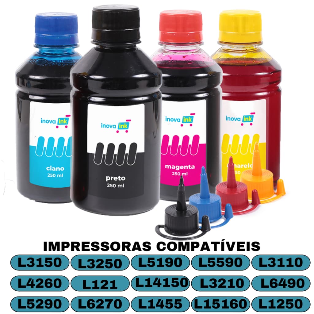 Kit 4 Compatível Epson L121 L3150 L3250 L3210 L3110 L4260 L375 L380 L395 250ml Inova Ink