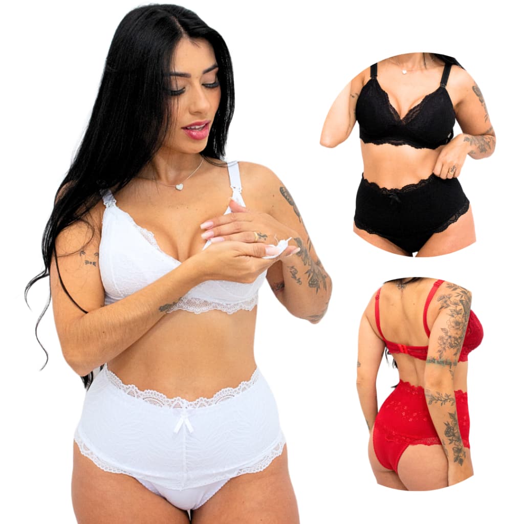 Kit 3 Conjuntos Amamentação Sutiã E Calcinha Gestante Pós Parto Lingerie maternidade cós alto