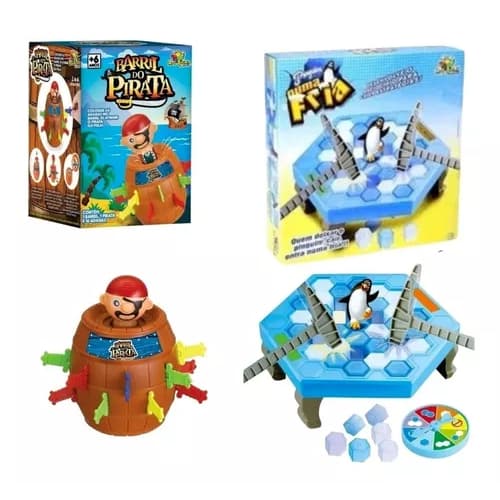 Kit Brinquedos Divertidos Pinguim Quebra Gelo + Barril do Pirata