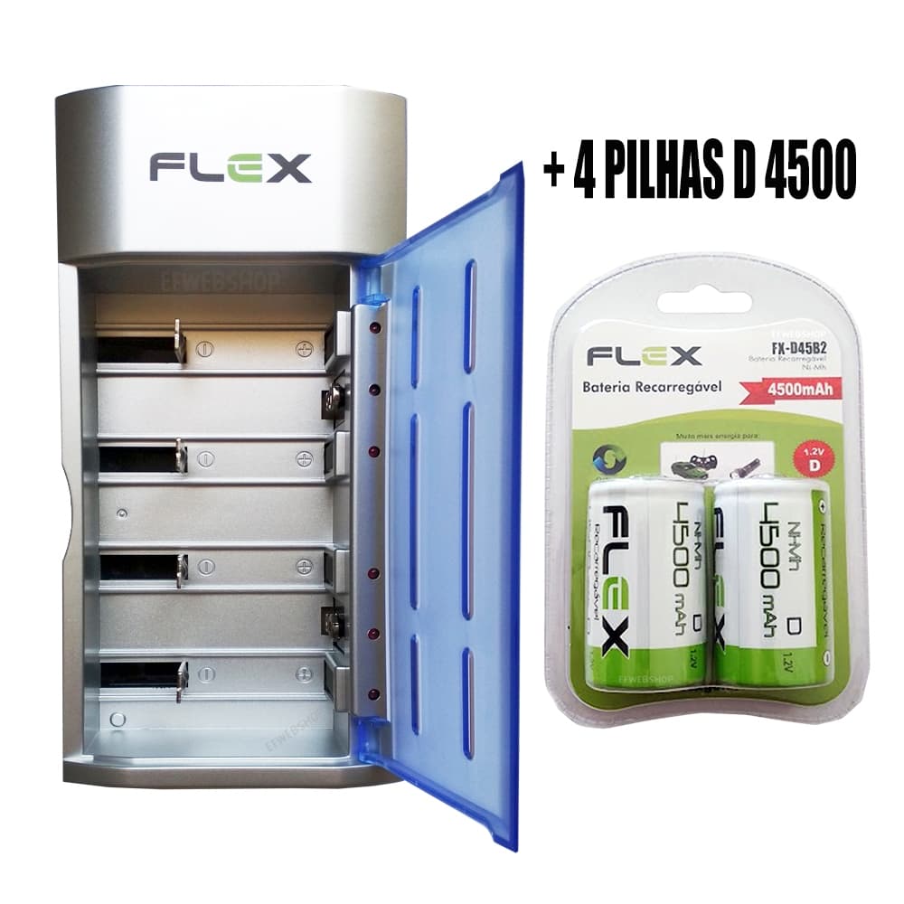 Carregador Flex AA AAA C D Baterias 9v Led Pilhas D 4500 mAh Recarregáveis Universal FX-C06