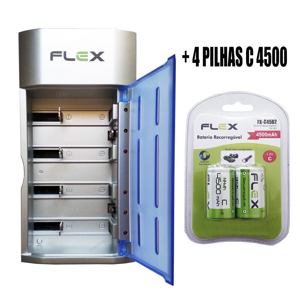 Carregador Pilhas Flex AA AAA C D Baterias 9v Led Pilhas C 4500 mAh Recarregáveis Universal FX-C06