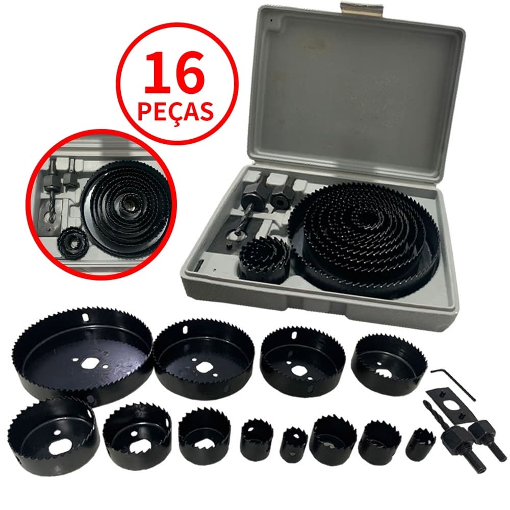 Jogo Kit Serra Copo 16 Peças 19 A 127mm P/ Madeira Gesso e Pvc + Estojo Profissional