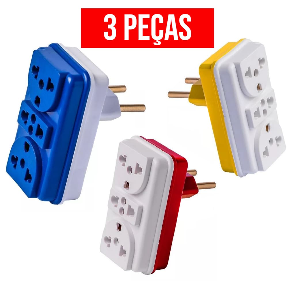 Kit 3 Adaptador de Tomada Benjamin T Colorido Universal 3 Entradas 10A 20A para Casa e Comércio