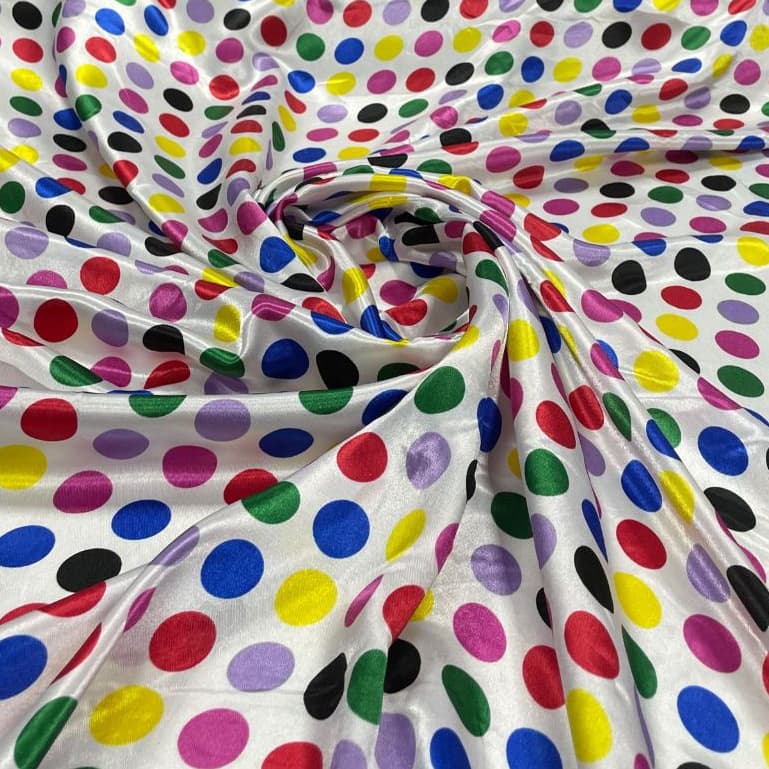 Tecido Cetim Estampado Bola Colorida e Fundo Branco Atacado Varejo