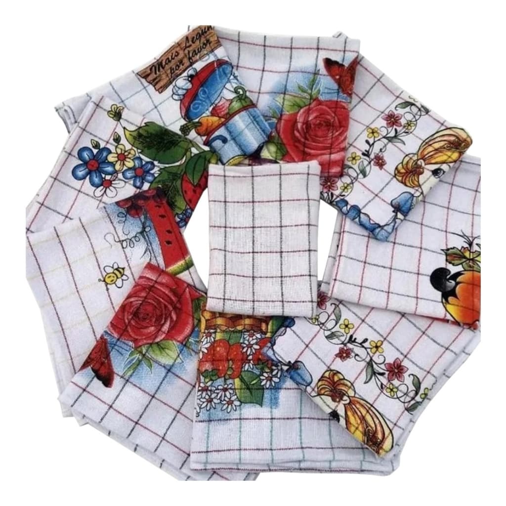 Kit 10 Panos de Prato Bom Cozinha Copa Grande Guardanapo Estampado  Xadrez e Branco Sortido