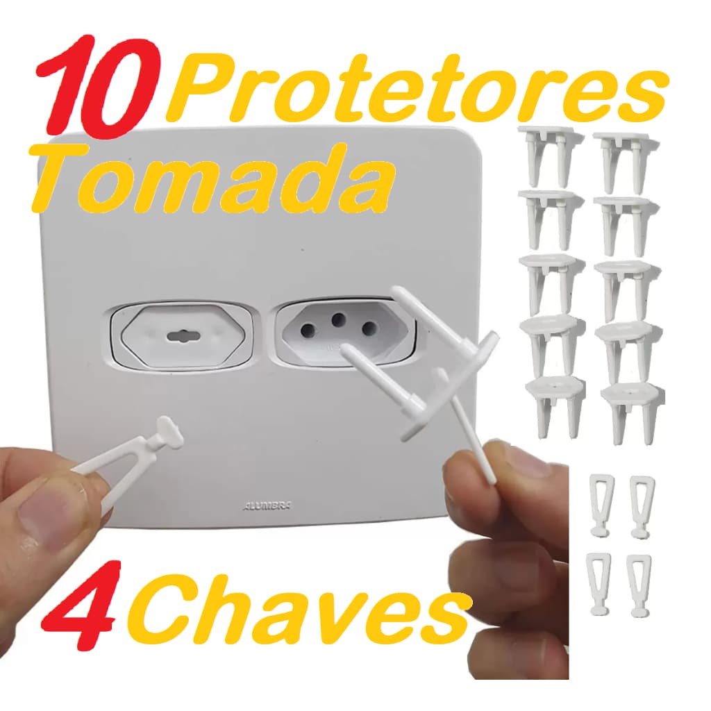 10 Protetores de Tomadas e 4 Chavinhas Branco Bebê