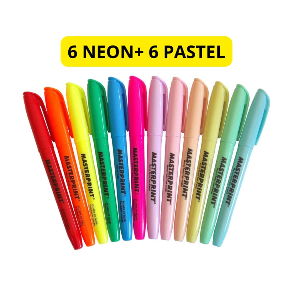 Kit 12 Canetas Marca Texto (6 Pastel + 6 Neon) Masterprint - 12 Cores