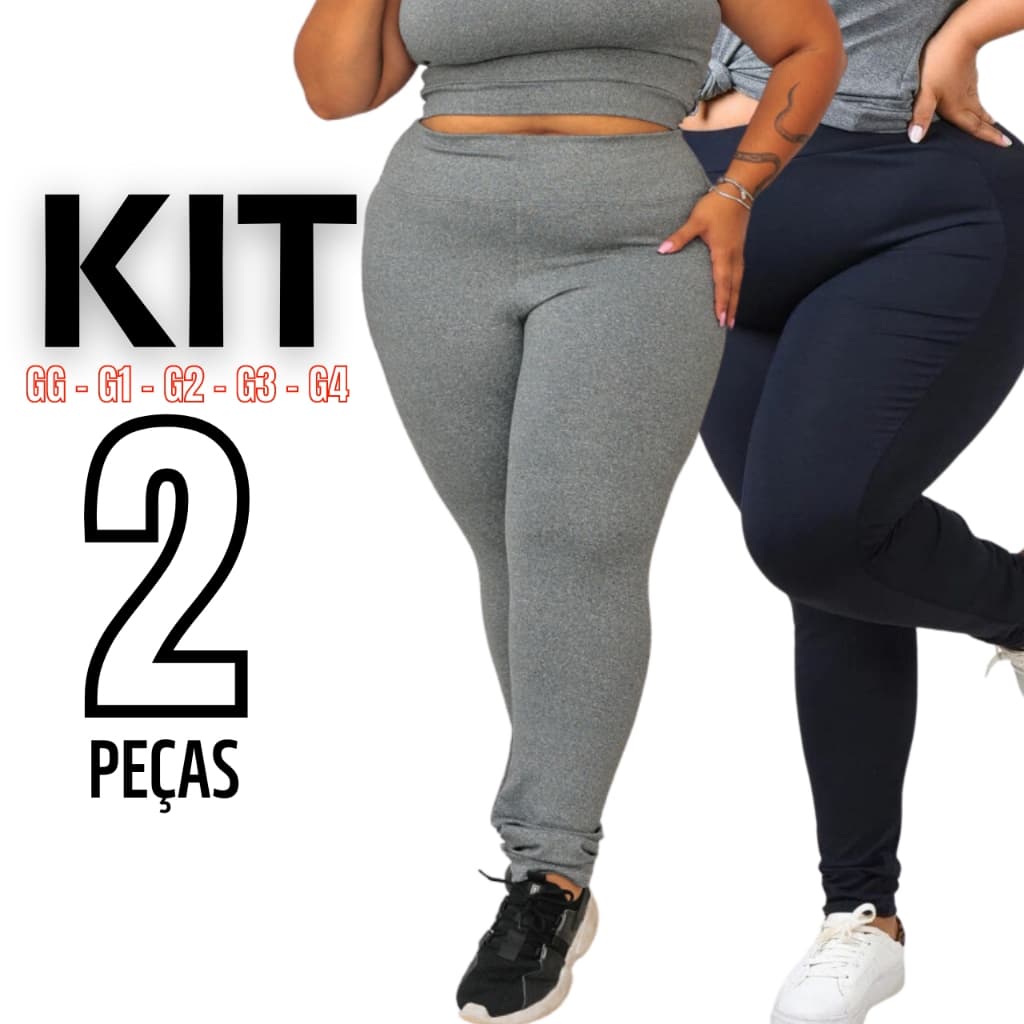 Kit 2 Calças Legging Plus Size Feminina Zero Transparência Leg Costura Reforçada