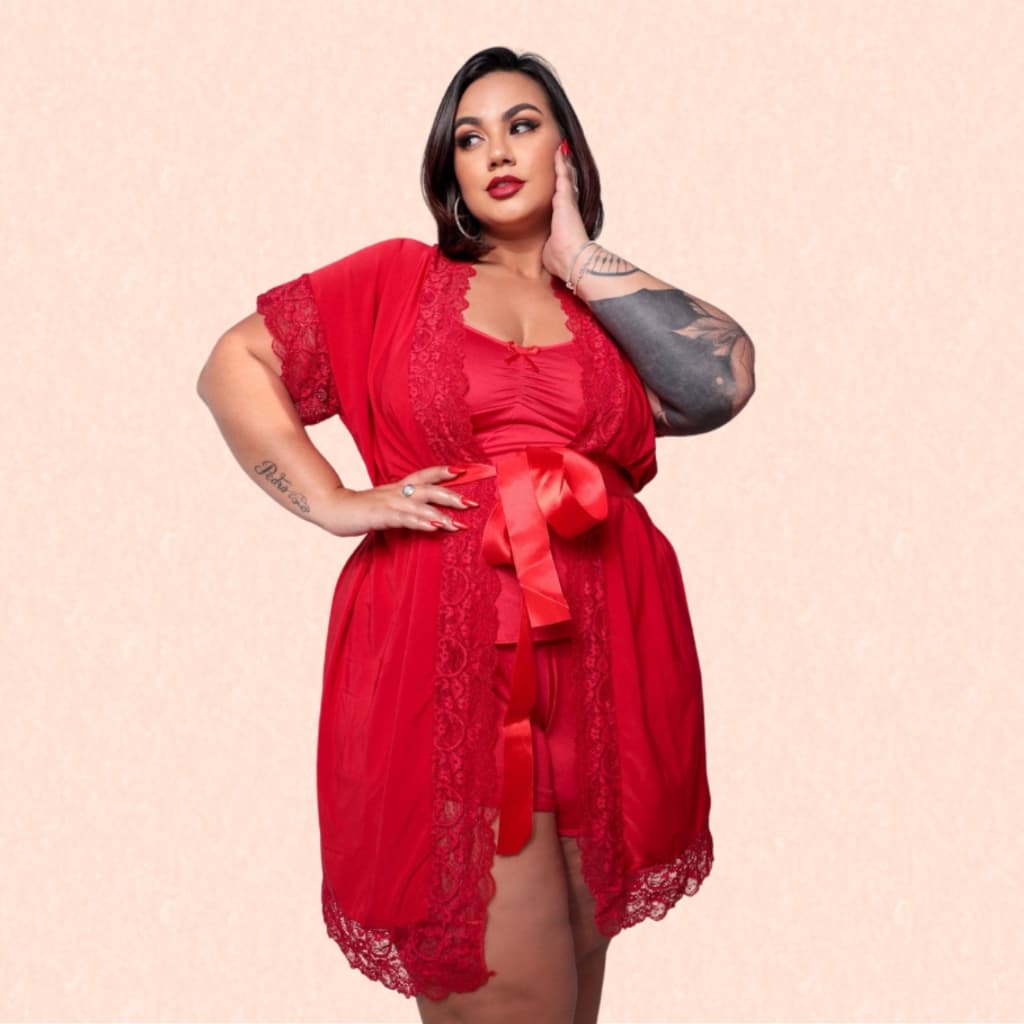 Robe Manga Curta Romantic Pijama Rendado Premium Plus Size Confortável Moderno Prático Otima
