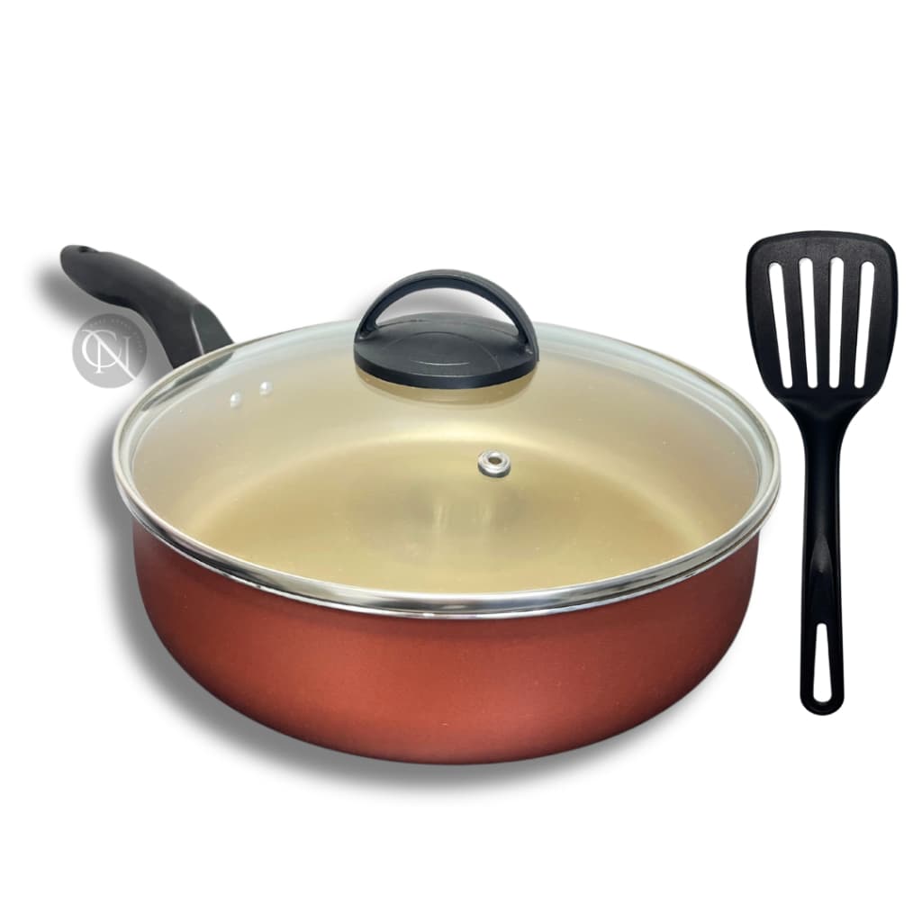 Frigideira Alta Funda 24 cm Antiaderente Teflon  com Tampa de Vidro + Espatula Nylon