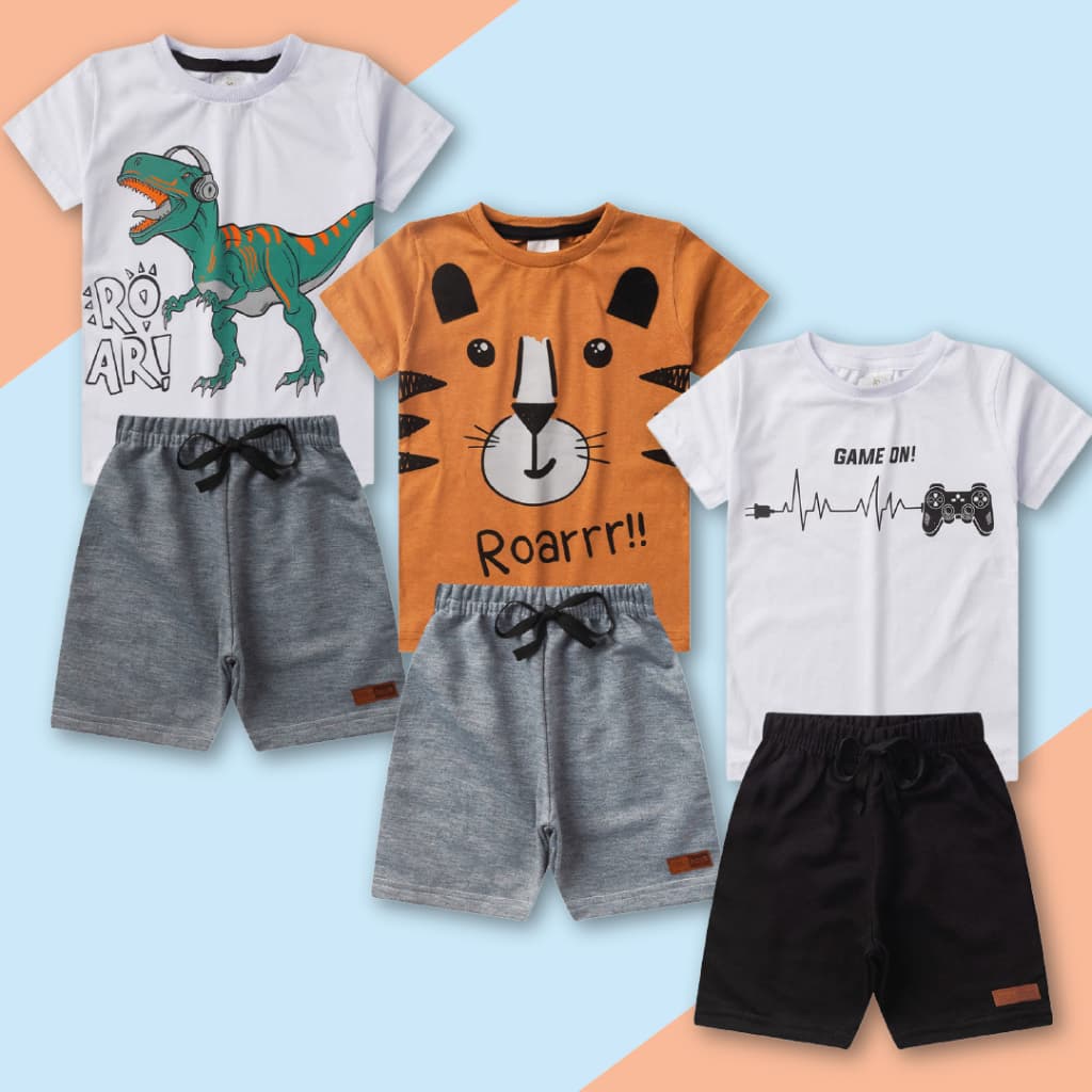 Kit 4 Peças de Roupas Infantil Menino 2 Camisas + 2 Bermudas - Kit 2 Conjuntos Algodão OFERTA