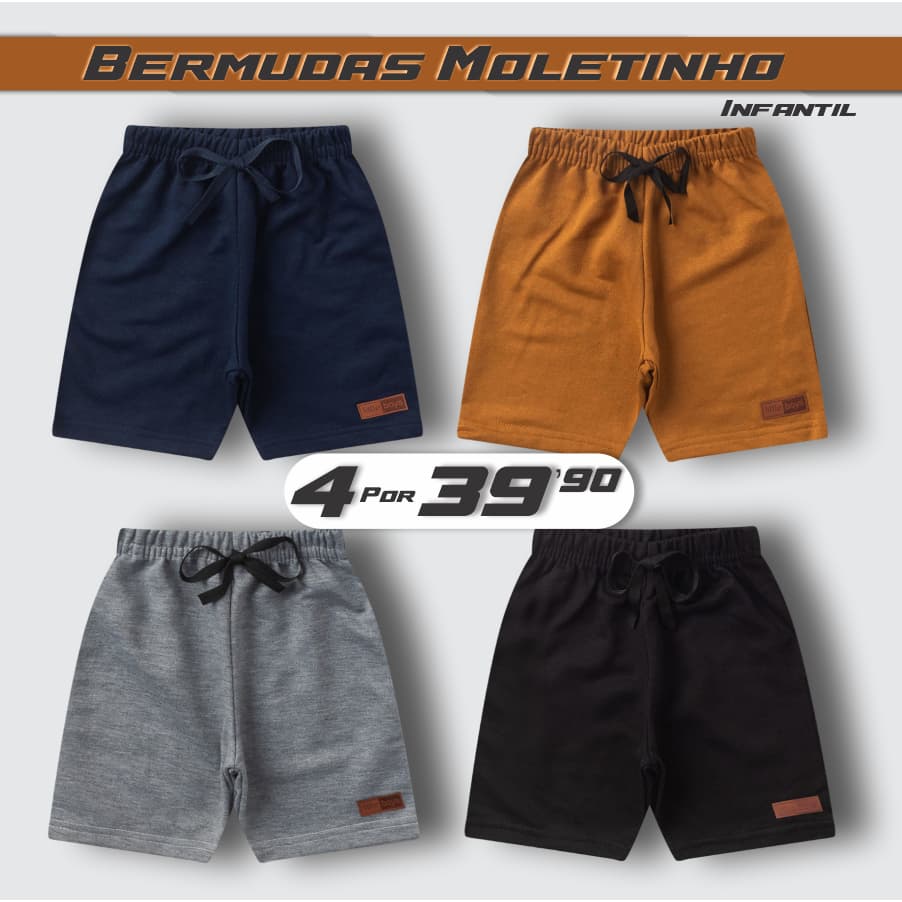 Kit 4 Bermudas Menino Moletinho Algodão Sortidas 4 Cores 1 ao 14 Anos
