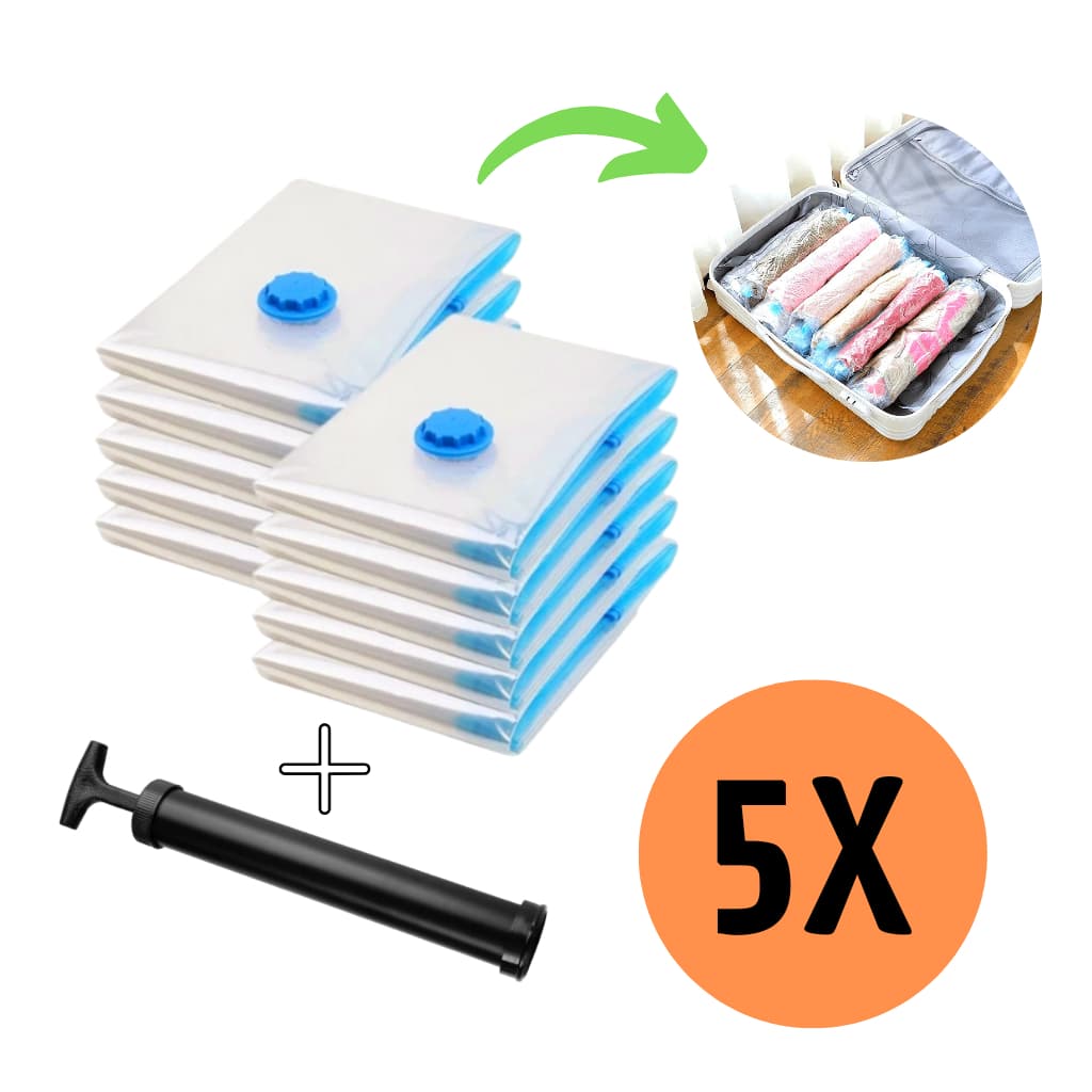 Kit 5 Saco à Vácuo Viagem Organizador Protetor Roupa Embalagem + Bomba Manual