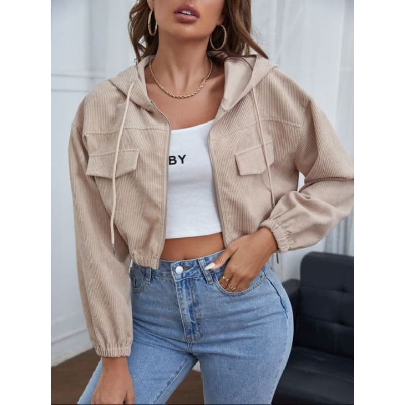 Jaqueta Ombro caído Cordão com Capuzado Veludo Inverno