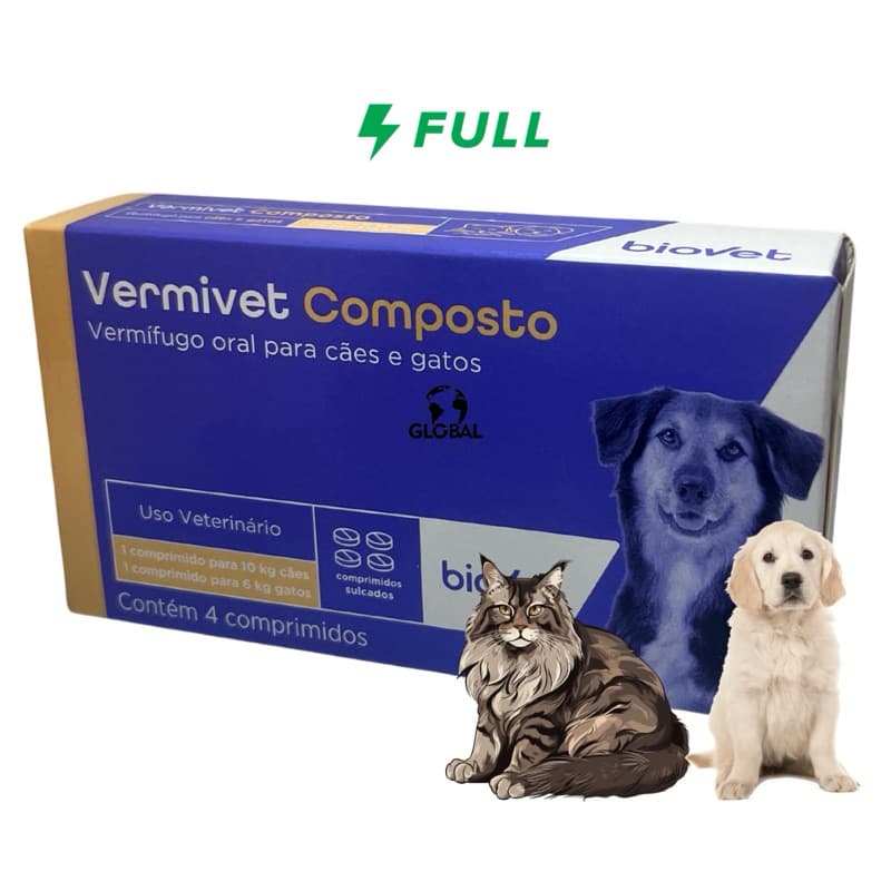 Vermivet Composto 600mg Vermifugo para Cães e Gatos Caixa com 4 Comprimidos.