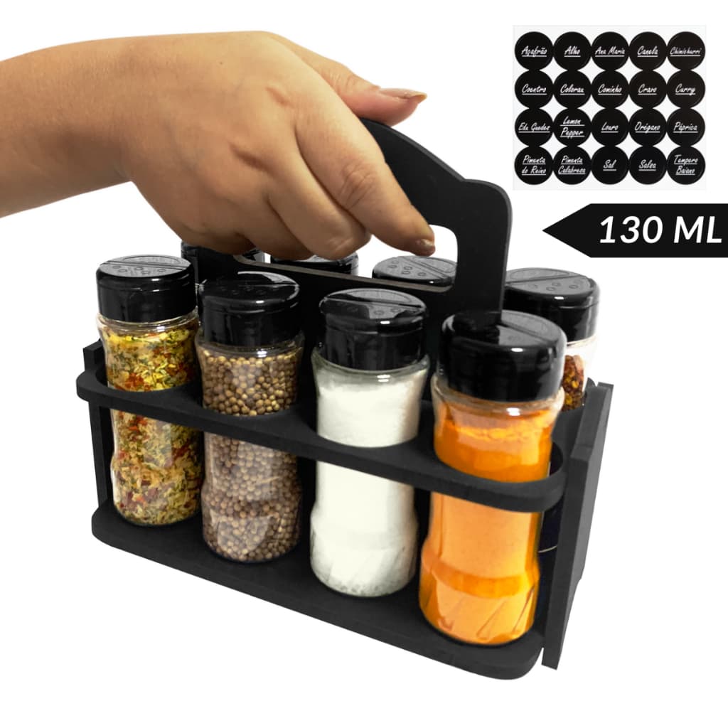 Potes de Tempero 130ml com Tampa Dupla + 1 Suporte Madeira com Alça + Etiquetas Adesivas