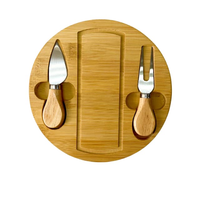 Kit Petisqueira de Bambu Tábua De Queijo e Frios Espátulas Com Jogo de 3 Peças Redondo