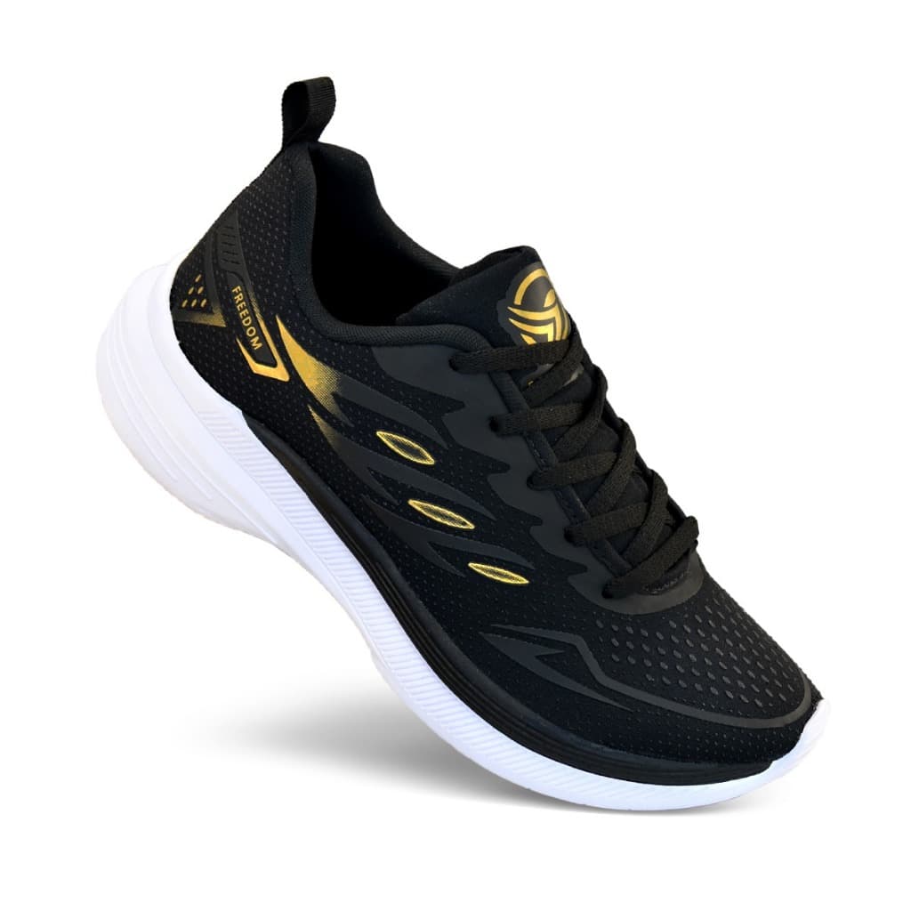 TENIS MASCULINO CORRIDA CAMINHADA TREINO LEVE FREEDOM PRETO DOURADO LANCAMENTO
